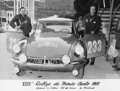 Pauli Toivonen - Jarvi
32º Rallye Automobile de Monte-Carlo 1963. Citröen DS 19 (7230 NC75). Clasificado 2º.

Del 20 al 24 de Enero, Monte-Carlo.
Superficie: asfalto - nieve.

Tomaron la salida 296 equipos, finalizaron 96.@
Palabras clave: Pauli_Toivonen;Jarvi;Citroen;DS;Montecarlo;1963;Personajes