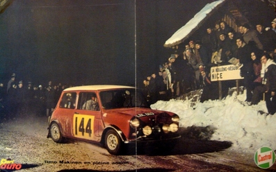 Timo Mäkinen - Paul Easter
36º Rallye Automobile de Monte-Carlo 1967. Morris Mini Cooper S 1275 (LBL 66D). Clasificado 41º.

Del 14 al 20 de Enero, Monaco.
Superficie: asfalto - nieve.

Se inscribieron 221 equipos, tomaron la salida 195, finalizaron 92.@
Palabras clave: Timo_Makinen;Paul_Easter;Montecarlo;Mini;S;Cooper;1967