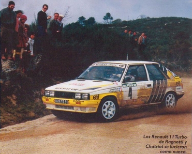 Jean Ragnotti - Pierre Thimonier
21º Rallye de Portugal Vinho do Porto 1987. Renault 11 Turbo (8416 YD 91). Clasificado 2º.

Del 11 al 14 de Marzo, Estoril, Cascais, Lisboa, Portugal.
Superficie: asfalto - tierra.

El Rally tenia un total de 2,088.23 Km de los que 603.50 Km divididos en 37 tramos, eran especiales.

Tomaron la salida 94 equipos, finalizaron 36.@
Palabras clave: ;Renault;Turbo;Portugal;1987