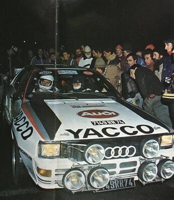 Bernard Darniche - Alain Mahé
36º Rallye Lyon-Charbonnières 1984. Audi Quattro A2 (7149 RR 74). Clasificado 1º.

Del 2 al 4 de Marzo, Lyon, Charbonnières-les-Bains, Alvèrnia, Roine-Alps, Francia.
Superficie: asfalto.

Tomaron la salida 160 equipos, finalizaron 44.@
Palabras clave: ;Audi;Quattro;Grupo_B;Lyon-Charbonnieres;1984