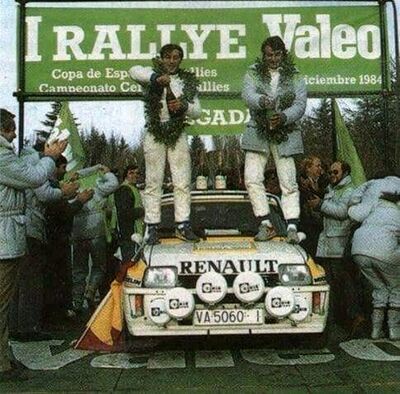 Carlos Sainz - Antonio Boto
1º Rallye Valeo 1984. Renault 5 Turbo Tour de Corse (VA-5060-I). Clasificado 1º.

Del 1 al 2 de Diciembre, Madrid.
Superficie: asfalto.

El Rally constaba de 18 tramos cronometrados, desconocemos los kilómetros tanto cronometrados como totales de la prueba.

Tomaron la salida 105 equipos, finalizaron 71.@
Palabras clave: ;Valeo;Madrid;España;Spain;Grupo_B;1984;Renault;Turbo