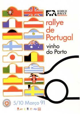 25º Rallye de Portugal - Vinho do Porto 1991
Del 5 al 9 de Marzo, Portugal.
Superficie: asfalto - tierra.

El Rally tenia un total de 2041.26 Km de los que 564.20 Km divididos en 38 tramos eran especiales (2 de ellos fueron cancelados SS2 Gradil de 9 Km y SS28 Viseu de 29.90 Km).

Se inscribieron 106 equipos, tomaron la salida 95, finalizaron 28.
Palabras clave: Poster;Portugal;1991