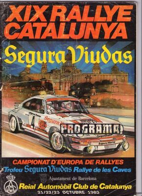 19º Rally Catalunya 1983
Del 21 al 23 de Octubre, Catalunya, España.
Superficie: asfalto.

El Rally tenia un total de 356.90 km cronometrados, desconocemos en cuantos tramos especiales se dividian.

Tomaron la salida 97 equipos, finalizaron 54.

Trofeo Segura Viudas
Campeonato de Europa de Rallyes
Rallye de las Caves
Palabras clave: 1983;Catalunya;Spain;España;Spain;Programa