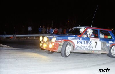 Bruno Saby - Chris Williams
26º Critérium Alpin - Behra 1983. Renault 5 Turbo Tour de Corse. Clasificado 1º.

Del 8 al 10 de Abril, Nice, Grasse, Alpes-Maritimos, Riviera Francesa, Francia.
Superficie: asfalto.

Desconocemos de cuantos kilómetros tanto totales como cronometrados constaba la prueba.

Tomaron la salida 147 equipos, finalizaron 67.@
Palabras clave: Renault;Turbo;Grupo_B;Criterium_Alpin-Behra;1983
