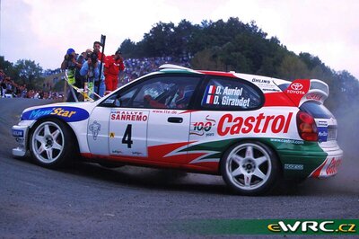 Didier Auriol - Denis Giraudet
41º Rallye Sanremo - Rallye d'Italia 1999. Toyota Corolla WRC (K-AM 8020). Clasificado 3º.
Toyota Castrol Team

Del 11 al 13 de Octubre, Sanremo, Liguria, Imperia, Italia.
Superficie: asfalto.

El Rally tenia un total de 1384.58 Km de los que 384.88 Km divididos en 18 tramos, eran especiales.

Se inscribieron 124 equipos, tomaron la salida 119, finalizaron 55.

© Teams
@@
Palabras clave: Toyota;Corolla;WRC;Sanremo;1999