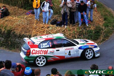 Didier Auriol - Denis Giraudet
41º Rallye Sanremo - Rallye d'Italia 1999. Toyota Corolla WRC (K-AM 8020). Clasificado 3º.
Toyota Castrol Team

Del 11 al 13 de Octubre, Sanremo, Liguria, Imperia, Italia.
Superficie: asfalto.

El Rally tenia un total de 1384.58 Km de los que 384.88 Km divididos en 18 tramos, eran especiales.

Se inscribieron 124 equipos, tomaron la salida 119, finalizaron 55.

© Teams
@@
Palabras clave: Toyota;Corolla;WRC;Sanremo;1999