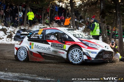Jari-Matti Latvala - Miikka Anttila
85º Rallye Automobile de Montecarlo 2017. Toyota Yaris WRC (A-5852). Clasificado 2º.
Toyota Gazoo Racing WRT

Del 18 al 21 de Enero, Gap - Monaco.
Superficie: asfalto - nieve.

El Rallye constaba de 4 etapas con un total de 11411.85 km de los que 382.65 km divididos en 15 tramos eran cronometrados, (2 de ellos fueron cancelados SS1 Entrevaux - Val-de-Chalvagne - Ubraye de 21,25 km y SS16 Lucéram - Col St-Roch 2 de 5,5 km).

Tomaron la salida 73 equipos, finalizaron 54.

© Attila Szabo

Palabras clave: Toyota;Yaris;WRC;Montecarlo;2017