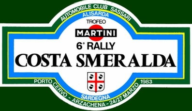 6º Rally Costa Esmeralda 1983
Del 23 al 26 de Marzo, Porto Cervo.
Superficie: tierra.

El Rally tenia 38 tramos cronometrados (2 de ellos fueron cancelados, SS23 y SS34).
Desconocemos de cuantos kilómetros tanto totales como cronometrados constaba la prueba.

Se inscribieron 103 equipos, finalizaron 31.
Palabras clave: Costa_Esmeralda;1983;detalles