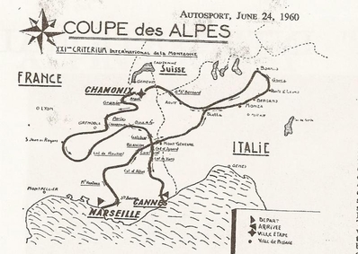 21º Coupe des Alpes 1960
Itinerario

Del 26 al 30 de Junio, Marseille - Bormio - Chamonix - Cannes.

Desconocemos de cuantos kilómetros constaba la prueba.

Tomaron la salida 64 equipos, finalizaron 39.
Palabras clave: Alpes;1960