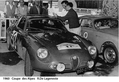 Parque Cerrado 21º Rally Coupe del Alpes 1960
En primer termino el Alfa Romeo Giulietta SZ (290 EF 03) de Roger de Lageneste - Henri Gréder.

A la derecha el Alfa Romeo Giulietta de Urbain Fabre - Francis Morceau, clasificado 39º.

Del 26 al 30 de Junio, Marseille - Bormio - Chamonix - Cannes.

Desconocemos de cuantos kilómetros constaba la prueba.

Tomaron la salida 64 equipos, finalizaron 39.
@
Palabras clave: Alfa_Romeo;Alpes;1960;Parque_Cerrado