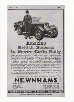 Jack Ridley - Roger Thacker
14º Rallye Automobile de Monte-Carlo 1935. Triumph Gloria Spécial (KV 6905). Clasificado 2º.

Del 19 al 25 de Enero.
Superficie: asfalto - nieve.

Se inscribieron 165 equipos, tomaron la salida 149, finalizaron 103.
Palabras clave: Montecarlo;Triumph;1935