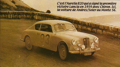 Gerardo Andres - Miquel Soler
26º Rallye Automobile Monte-Carlo 1956. Lancia Aurélia GT. Clasificado 162º.

Del 16 al 23 de Enero, Monaco.
Superficie: asfalto - nieve.

El Rally tenia un total de 4800 km de los que 420 km divididos en 18 tramos eran especiales, (2 ellas fueron canceladas SS10 Col de la Porte de 18.25 Km y SS11 La Cabanette de 18.25Km).

Tomaron la salida 278 equipos, finalizaron 51.@
Palabras clave: Lancia;Aurelia;Montecarlo;1956