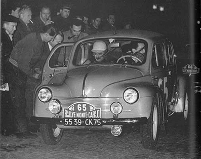 Marcel Rousson - François Fernandez
26º Rallye Automobile Monte-Carlo 1956. Renault 4cv. Abandonó.

Del 16 al 23 de Enero, Monaco.
Superficie: asfalto - nieve.

El Rally tenia un total de 4800 km de los que 420 km divididos en 18 tramos eran especiales, (2 ellas fueron canceladas SS10 Col de la Porte de 18.25 Km y SS11 La Cabanette de 18.25Km).

Tomaron la salida 278 equipos, finalizaron 51.@
Palabras clave: Renault;Montecarlo;1956;Personajes