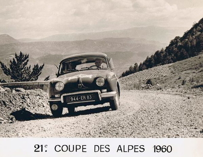 Georges Branche - Robert Jullien 
21º Coupe des Alpes 1960. Renault Dauphine. Clasificado 37º.

Del 26 al 30 de Junio, Marseille - Bormio - Chamonix - Cannes.

Desconocemos de cuantos kilómetros constaba la prueba.

Tomaron la salida 64 equipos, finalizaron 39.@
Palabras clave: Renault;Alpes;1960