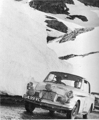 Tiny Lewis - David Pollard
24º Coupe des Alpes 1963. Sunbeam Rapier (5439 VC). Clasificado 8º.

Del 20 al 25 de Junio, Marseille - Chamonix - Milan - Marseille.
Superficie: asfalto.

Tomaron la salida 79 equipos, finalizaron 24.@
Palabras clave: Sunbeam;Alpes;1963
