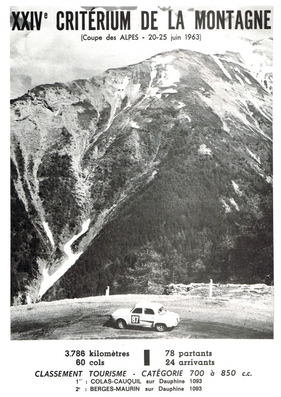 24º Coupe des Alpes 1963
En portada el 87# Renault Dauphine 1093 de Georges Nicolas - Didier Cauquil, Clasificado 10º.

Del 20 al 25 de Junio, Marseille - Chamonix - Milan - Marseille.
Superficie: asfalto.

Tomaron la salida 79 equipos, finalizaron 24.
Palabras clave: Renault;Alpes;1963