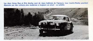 Jude Morley Donald - Erle Morley Godfrey
25º Coupe des Alpes 1964. Austin-Healey 3000 (ARX 92B). Clasificado 2º.

Del 22 al 27 de Junio, Marseille - Grenoble - Monte-Carlo.
Superficie: asfalto.

La prueba constaba 10 tramos cronometrados.
Incluyendo tramos de enlace y cronometrados tenía un total de 3412.00 km.

Tomaron la salida 73 Equipos, finalizaron 25.@
Palabras clave: Austin;Alpes;1964
