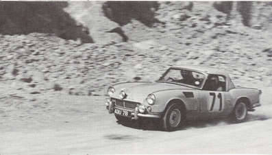 Terry Hunter - Patrick Lier
25º Coupe des Alpes 1964. Triumph Spitfire (ADU 7B). Clasificado 9º.

Del 22 al 27 de Junio, Marseille - Grenoble - Monte-Carlo.
Superficie: asfalto.

La prueba constaba 10 tramos cronometrados.
Incluyendo tramos de enlace y cronometrados tenía un total de 3412.00 km.

Tomaron la salida 73 Equipos, finalizaron 25.@
Palabras clave: Triumph;Alpes;1964