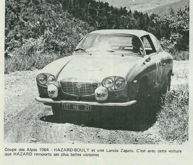 Hugues Hazard - André Bouly
25º Coupe des Alpes 1964. Lancia Flavia Sport Zagato (131 HE 21). Abandonó, desconocemos el motivo.

Del 22 al 27 de Junio, Marseille - Grenoble - Monte-Carlo.
Superficie: asfalto.

La prueba constaba 10 tramos cronometrados.
Incluyendo tramos de enlace y cronometrados tenía un total de 3412.00 km.

Tomaron la salida 73 Equipos, finalizaron 25.@

Palabras clave: Lancia;Alpes;1964