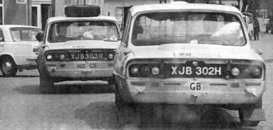 Paddy Hopkirk - Tony Nash - Neville Johnson
Daily Mirror London-Mexico World Cup Rally 1970. Triumph 2.5 PI (XJB 302H). Clasificado 4º.

El coche del fondo y que va delante es el Triumph 2.5 PI (XJB 303H) de Evan Green - Gelegnite Jack Murray - Hamish Cardno que no acabaron.

Del 19 de Abril al 27 de Mayo, Londres - Mexico.
Superficie: tierra - asfalto.

ITINERARIO:
Reino Unido, Francia, Alemania Occidental, Austria, Hungría, Yugoslavia, Bulgaria, regreso a Yugoslavia, Italia, Sur de Francia, España, Portugal.
REINICIO:
Brasil, Uruguay, Argentina, Chile, regreso a Argentina, Bolivia, Perú, Ecuador, Colombia, Panamá, Costa Rica, Nicaragua, Honduras, El Salvador, Guatemala y México.

La prueba constaba de 29 tramos especiales con un total de 25.750.00 km incluyendo los tramos de enlace.

Tomaron la salida 96 equipos, finalizaron 26.
@
Palabras clave: Paddy_Hopkirk;Tony_Nash;Neville_Johnson;Londres-Mexico;Triumph;1970