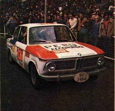 P.Kube - Lother Ranft
Daily Mirror London-Mexico World Cup Rally 1970. BMW 2002 TI. Abandonó en Ecuador, desconocemos el motivo.

Del 19 de Abril al 27 de Mayo, Londres - Mexico.
Superficie: tierra - asfalto.

ITINERARIO:
Reino Unido, Francia, Alemania Occidental, Austria, Hungría, Yugoslavia, Bulgaria, regreso a Yugoslavia, Italia, Sur de Francia, España, Portugal.
REINICIO:
Brasil, Uruguay, Argentina, Chile, regreso a Argentina, Bolivia, Perú, Ecuador, Colombia, Panamá, Costa Rica, Nicaragua, Honduras, El Salvador, Guatemala y México.

La prueba constaba de 29 tramos especiales con un total de 25.750.00 km incluyendo los tramos de enlace.

Tomaron la salida 96 equipos, finalizaron 26.
@
Palabras clave: P.Kube;Lother_Ranft;Londres-Mexico;BMW;2002;1970