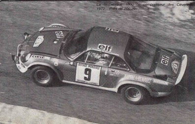 Jean-Luc Thérier - Marcel Callewaert
16º Critérium International des Cévennes 1972. Alpine-Renault A110 1600 (3429 GY 76). Clasificado 1º.

Del 25 al 26 de Noviembre, Montpellier.
Superficie: asfalto.

La prueba tenia un total de 545.00 km de los que 303.00 km divididos en 12 tramos eran especiales.

Tomaron la salida 53 equipos, finalizaron 18.@
Palabras clave: ;Criterium_Cevennes;Renault;Alpine;1972