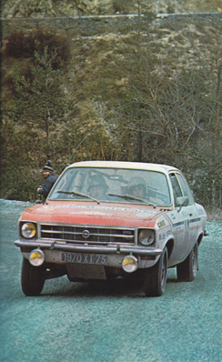 Jean Ragnotti - Pierre Thimonier
41º Rallye Automobile de Monte-Carlo 1972. Opel Ascona 1.9 (1970 XT 75). Clasificado 9º.

Del 21 al 28 de Enero, Monte-Carlo.
Superficie: asfalto - nieve.

El Rally constaba de 2 etapas y 437.50 km cronometrados divididos en 16 tramos especiales.

Se inscribieron 299 equipos, tomaron la salida 264, finalizaron 40.@
Palabras clave: ;Opel;Ascona;Montecarlo;1972