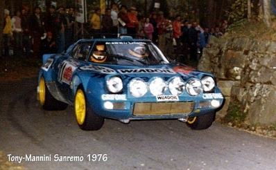 Antonio Fassina (Tony) - Maurizio Mannini
18º Rally Sanremo 1976, Lancia Stratos HF (TV 338832). Clasificado 4º.

Del 6 al 9 de Octubre, Sanremo, Imperia, Liguria, Italia.
Superficie: asfalto.

El Rally tenia un total de 1509 km de los que 780 Km divididos en 36 tramos eran especiales, (2 de ellos fueron cancelados SS9 y SS30).

Tomaron la salida 133 equipos, finalizaron 68.@
Palabras clave: ;Lancia;Stratos;Sanremo;1976