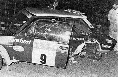 Maurizio Verini - Domenico (Ninni) Russo
18º Rallye Sanremo 1976. Fiat 131 Abarth (TO N92969). Abandonó por accidente en SS29 Colle d´Oggia 3 de 20 km.

Del 6 al 9 de Octubre, Sanremo, Imperia, Liguria, Italia.
Superficie: asfalto.

El Rally tenia un total de 1509 km de los que 780 Km divididos en 36 tramos eran especiales (2 de ellos fueron cancelados SS9 y SS30).

Tomaron la salida 133 equipos, finalizaron 68.@
Palabras clave: Fiat;Abarth;Sanremo;1976;Crash