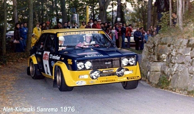 Markku Alén - Ilkka Kivimaki
18º Rallye Sanremo 1976. Fiat 131 Abarth (TO N94414). Abandonó por accidente.

Del 6 al 9 de Octubre, Sanremo, Imperia, Liguria, Italia.
Superficie: asfalto.

El Rally tenia un total de 1509 km de los que 780 Km divididos en 36 tramos eran especiales (2 de ellos fueron cancelados SS9 y SS30).

Tomaron la salida 133 equipos, finalizaron 68.@
Palabras clave: Markku_Alen;Fiat;Abarth;Sanremo;1976