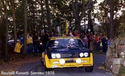 Fulvio Bacchelli - Francesco Rossetti
18º Rallye Sanremo 1976. Fiat 131 Abarth (TO N92970). Abandonó por accidente.

Del 6 al 9 de Octubre, Sanremo, Imperia, Liguria, Italia.
Superficie: asfalto.

El Rally tenia un total de 1509 km de los que 780 Km divididos en 36 tramos eran especiales (2 de ellos fueron cancelados SS9 y SS30).

Tomaron la salida 133 equipos, finalizaron 68.@
Palabras clave: ;Rossetti;Fiat_131_Abarth;Sanremo;1976