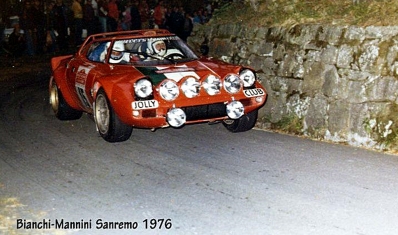 Carlo Bianchi - Marco Mannini
18º Rally San Remo 1976. Lancia Stratos HF. Abandonó por accidente.

Del 6 al 9 de Octubre, Sanremo, Imperia, Liguria, Italia.
Superficie: asfalto.

El Rally tenia un total de 1509 km de los que 780 Km divididos en 36 tramos eran especiales, (2 de ellos fueron cancelados SS9 y SS30).

Tomaron la salida 133 equipos, finalizaron 68.@
Palabras clave: Lancia;Stratos;Sanremo;1976