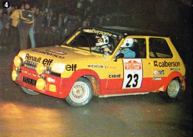 Jean Ragnotti - Jean-Marc Andrié
19º Rally Sanremo 1977. Renault 5 Alpine (2529 JR 76). Clasificado 7º.

Del 4 al 8 de Octubre, Sanremo, Liguria, Imperia, Italia.
Superficie: asfalto.

El Rally tenia un total de 1608 km de los que 867.35 km divididos en 33 tramos eran especiales, (3 de ellas fueron canceladas SS18 Melogno 2 de 15.30 Km, SS19 Giovetti 2 de 11.50 Km y SS20 Quazzo 2 de 11.90 Km).

Tomaron la salida 133 equipos, finalizaron 38.@
Palabras clave: ;Renault;Alpine;Sanremo;1977
