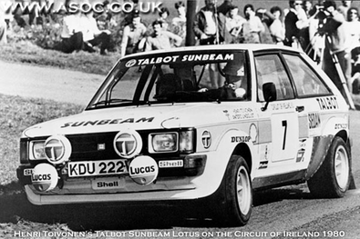 Henri Toivonen - Antero Lindqvist
41º Benson & Hedges Circuit of Ireland 1980. Talbot Sunbeam Lotus (KDU 222V). Abandonó por accidente.

Del 4 al 8 de Abril, Belfast, Irlanda del Norte.
Superficie: asfalto.

El Rally constaba de 5 etapas con 56 tramos cronometrados (dos de ellos fueron cancelados SS13 y SS50 Arigna Mountains).
Desconocemos sus kilómetros tanto totales como especiales.

Tomaron la salida 131 equipos, finalizaron 52.@
Palabras clave: Henri_Toivonen;Ireland;Irlanda;Talbot;Lotus;Sunbeam;1980