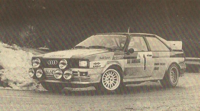 Hannu Mikkola - Arne Hertz
50º Rallye Automobile de Monte-Carlo 1982. Audi Quattro (IN-ND 78). Clasificado 2º.
Audi Sport

Del 16 al 22 de Enero, Monte Carlo.
Superficie: asfalto - nieve.

El Rally tenia un total de 4082.71 km de los que 747.81 km divididos en 32 tramos eran especiales, (2 de ellas fueron canceladas SS7 Trigance - Chateauvieux 1 de 28,53 Km y SS15 St Jean en Royans - La Chapelle en Vercors de 38,67 Km).

Se inscribieron 306 equipos, tomaron la salida 299, finalizaron 140.@
Palabras clave: Audi;Quattro;Montecarlo;1982