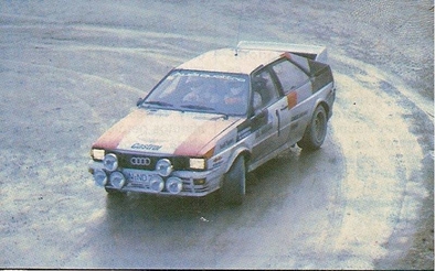 Hannu Mikkola - Arne Hertz
50º Rallye Automobile de Monte-Carlo 1982. Audi Quattro (IN-ND 78). Clasificado 2º.
Audi Sport

Del 16 al 22 de Enero, Monte Carlo.
Superficie: asfalto - nieve.

El Rally tenia un total de 4082.71 km de los que 747.81 km divididos en 32 tramos eran especiales, (2 de ellas fueron canceladas SS7 Trigance - Chateauvieux 1 de 28,53 Km y SS15 St Jean en Royans - La Chapelle en Vercors de 38,67 Km).

Se inscribieron 306 equipos, tomaron la salida 299, finalizaron 140.@
Palabras clave: Audi;Quattro;Montecarlo;1982