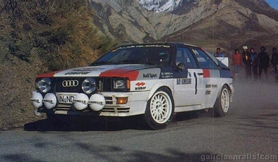 Hannu Mikkola - Arne Hertz
50º Rallye Automobile de Monte-Carlo 1982. Audi Quattro (IN-ND 78). Clasificado 2º.
Audi Sport

Del 16 al 22 de Enero, Monte Carlo.
Superficie: asfalto - nieve.

El Rally tenia un total de 4082.71 km de los que 747.81 km divididos en 32 tramos eran especiales, (2 de ellas fueron canceladas SS7 Trigance - Chateauvieux 1 de 28,53 Km y SS15 St Jean en Royans - La Chapelle en Vercors de 38,67 Km).

Se inscribieron 306 equipos, tomaron la salida 299, finalizaron 140.@
Palabras clave: Audi;Quattro;Montecarlo;1982