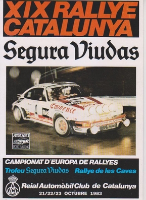 19º Rally Catalunya 1983
Del 21 al 23 de Octubre, Catalunya, España.
Superficie: asfalto.

El Rally tenia un total de 356.90 km cronometrados, desconocemos en cuantos tramos especiales se dividian.

Tomaron la salida 97 equipos, finalizaron 54.

Trofeo Segura Viudas
Campeonato de Europa de Rallyes
Rallye de las Caves
Palabras clave: Catalunya;1983