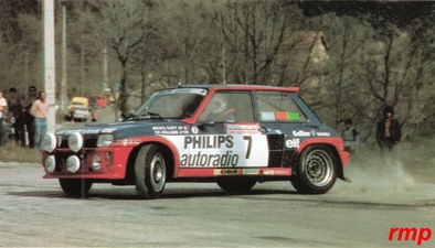 Bruno Saby - Chris Williams
26º Critérium Alpin - Behra 1983. Renault 5 Turbo Tour de Corse. Clasificado 1º.

Del 8 al 10 de Abril, Nice, Grasse, Alpes-Maritimos, Riviera Francesa, Francia.
Superficie: asfalto.

Desconocemos de cuantos kilómetros tanto totales como cronometrados constaba la prueba.

Tomaron la salida 147 equipos, finalizaron 67.@
Palabras clave: Renault;Turbo;Grupo_B;Criterium_Alpin-Behra;1983