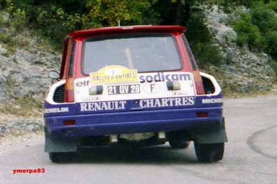 Jean-Luc Thérier - Michel Vial
18º Rallye International d'Antibes 1983. Renault 5 Turbo Tour de Corse (21 QV 28). Clasificado 1º.

Del 13 al 15 de Octubre, Antibes, Alpes Marítimos, Provenza-Alpes-Costa Azul, Francia.
Superficie: asfalto.

El Rallye tenia un total de 513.00 km cronometrados.
Desconocemos en cuantos tramos especiales se dividian.

Tomaron la salida 153 equipos, finalizaron 69.@
Palabras clave: Renault;Turbo;Grupo_B;Antibes;1983