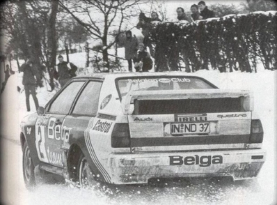 Marc Duez - Willy Lux
26º Boucles de Spa - Monopole 1983. Audi Quattro A1 (IN-ND 37). Clasificado 1º.
Autostal Duindistel

Del 4 al 6 de Febrero, Spa, Lieja, Belgica.
Superficie: asfalto.

El Rally tenia un total de 545.00 km cronometrados.
Desconocemos en cuantos tramos especiales se dividían.

Tomaron la salida 90 equipos, finalizaron 23.@
Palabras clave: Audi;Quattro;Grupo_B;Boucles_Spa;Belgica;1983;nieve