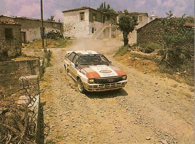 Stig Blomqvist - Björn Cederberg
30º Rothmans Acropolis Rally 1983. Audi Quattro A2 (IN-NN 17). Clasificado 3º.

Del 30 de Mayo al 2 de Junio, Atenas, Grecia.
Superficie: tierra.

El Rally tenia un total de 2264 km de los que 843.30 km divididos en 45 tramos eran especiales, (uno de ellos fue cancelado SS22 Tsouka de 6.57 km).

Tomaron la salida 120 equipos, finalizaron 36.@
Palabras clave: Stig_Blomqvist;Audi;Quattro;Grupo_B;Grecia;1983;Acropolis