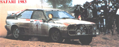 Michèle Mouton - Fabrizia Pons
31º Marlboro Safari Rally 1983. Audi Quattro A1 (IN-YC 19). Clasificada 3ª.

Del 30 de Marzo al 4 de Abril, Nairobi, Kenya, África.
Superficie: tierra.

El Rally tenia un total de 5035 km en los que 1620.95 km se encontraban 26 controles horarios.

Tomaron la salida 78 equipos, finalizaron 22.@
Palabras clave: Michele_Mouton;Audi;Quattro;Grupo_B;Safari;1983;Womens;Mujeres