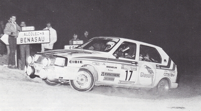 Alfredo del Águila - Carlos Lesmes
31º Sol RACE Rallye 1983. Citröen Visa Trophée. Clasificado 6º.

Del 11 al 13 de Marzo, San Juan de Alicante, Alicante, España.
Superficie: asfalto.

El Rally tenía un total de 427.80 km cronometrados.

Tomaron la salida 68 equipos, finalizaron 24.@
Palabras clave: Citroen;Visa;Grupo_B;Race;1983