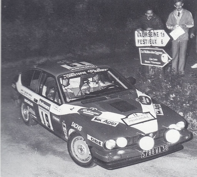 Bertrand Balas - Eric Lainé
42º Tour de France Automobile 1983. Alfa Romeo Alfetta GTV6 (5788 WA 38). Clasificado 10º.

Del 19 al 23 Septiembre, Paris, Nice, Francia.
Superficie: asfalto.

El Rally tenia un total de 2800.00 km de los que 630.00 km divididos en 3 etapas y 32 tramos eran especiales (uno de ellos fue cancelado SS27 Col du Noyer).

Tomaron la salida 84 equipos, finalizaron 37.@

Palabras clave: Tour_France_Automobile;1983