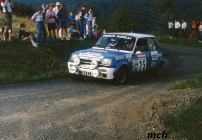 Bruno Bouscary - Pierre-Bernard Guérin
42º Tour de France Automobile 1983. Renault 5 Alpine (7008 SS 34). Clasificado 12º.

Del 19 al 23 Septiembre, Paris, Nice, Francia.
Superficie: asfalto.

El Rally tenia un total de 2800.00 km de los que 630.00 km divididos en 3 etapas y 32 tramos eran especiales (uno de ellos fue cancelado SS27 Col du Noyer).

Tomaron la salida 84 equipos, finalizaron 37.@
Palabras clave: Renault;Alpine;Tour_France_Automobile;1983