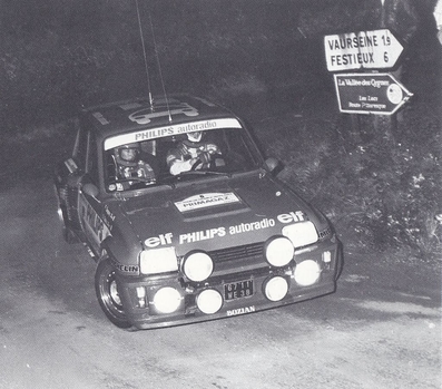 Bruno Saby - Françoise Sappey
42º Tour de France Automobile 1983. Renault 5 Turbo Tour de Corse (6711 WE 38). Abandonó por rotura de turbo en SS28 Font Belle de 21.50 km.
Philips Auto Radio

Del 19 al 23 Septiembre, Paris, Nice, Francia.
Superficie: asfalto.

El Rally tenia un total de 2800.00 km de los que 630.00 km divididos en 3 etapas y 32 tramos eran especiales (uno de ellos fue cancelado SS27 Col du Noyer).

Tomaron la salida 84 equipos, finalizaron 37.@
Palabras clave: Renault;Turbo;Grupo_B;Tour_France_Automobile;1983