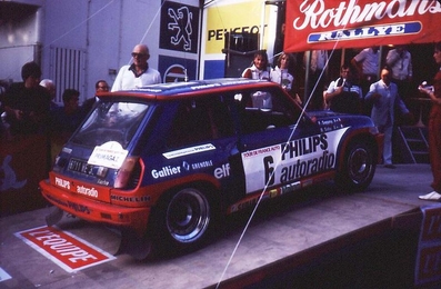 Bruno Saby - Françoise Sappey
42º Tour de France Automobile 1983. Renault 5 Turbo Tour de Corse (6711 WE 38). Abandonó por rotura de turbo en SS28 Font Belle de 21.50 km.
Philips Auto Radio

Del 19 al 23 Septiembre, Paris, Nice, Francia.
Superficie: asfalto.

El Rally tenia un total de 2800.00 km de los que 630.00 km divididos en 3 etapas y 32 tramos eran especiales (uno de ellos fue cancelado SS27 Col du Noyer).

Tomaron la salida 84 equipos, finalizaron 37.@
Palabras clave: Renault;Turbo;Grupo_B;Tour_France_Automobile;1983;Parque_Cerrado