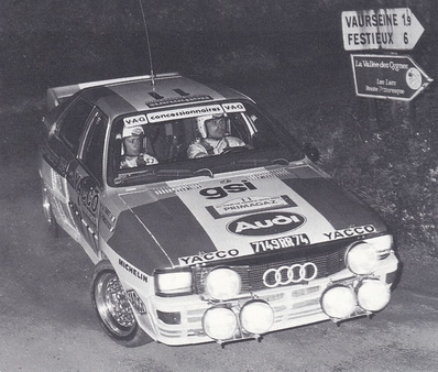 Jacques Panciatici - Andree Tabet
42º Tour de France Automobile 1983. Audi Quattro A2 (7149RR74). Abandonó por motor en SS5 Vallée de Saint-Quirin de 18.30 km.

Del 19 al 23 Septiembre, Paris, Nice, Francia.
Superficie: asfalto.

El Rally tenia un total de 2800.00 km de los que 630.00 km divididos en 3 etapas y 32 tramos eran especiales (uno de ellos fue cancelado SS27 Col du Noyer).

Tomaron la salida 84 equipos, finalizaron 37.@
Palabras clave: Audi;Quattro;Grupo_B;Tour_France_Automobile;1983