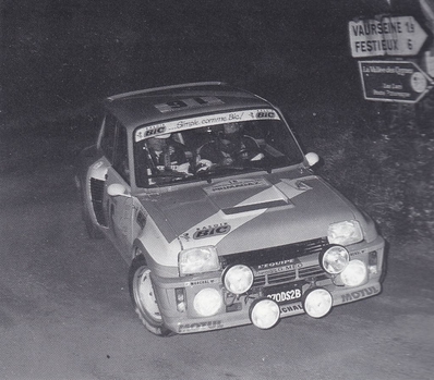 Dominique de Meyer - Gerard Borie
42º Tour de France Automobile 1983. Renault 5 Turbo Tour de Corse (870DS2B). Abandonó por sobrecalentamiento del motor en SS4 Rupt - Baudremont de 12.00 km.

Del 19 al 23 Septiembre, Paris, Nice, Francia.
Superficie: asfalto.

El Rally tenia un total de 2800.00 km de los que 630.00 km divididos en 3 etapas y 32 tramos eran especiales (uno de ellos fue cancelado SS27 Col du Noyer).

Tomaron la salida 84 equipos, finalizaron 37.@
Palabras clave: Renault;Turbo;Grupo_B;Tour_France_Automobile;1983